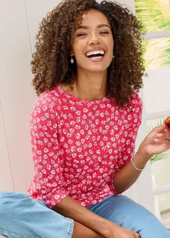 Cotton Traders Coral 3/4 Sleeve Boat Neck Printed Top