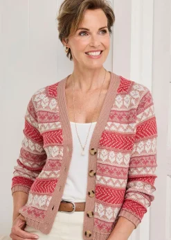 Cotton Traders Coral Blush Fair Isle Button Cardigan