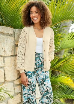 Cotton Traders Cream Lace Knit Sleeve Cardigan