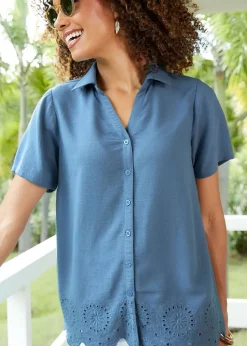 Cotton Traders Dark Blue Short Sleeve Cut Work Blouse