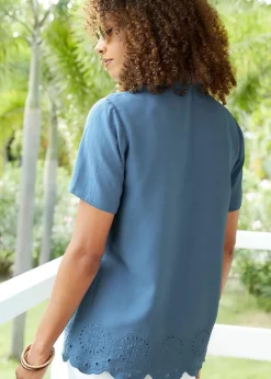 Cotton Traders Dark Blue Short Sleeve Cut Work Blouse