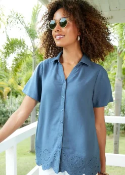 Cotton Traders Dark Blue Short Sleeve Cut Work Blouse