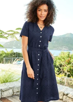 Cotton Traders Dark Blue Broiderie Dress