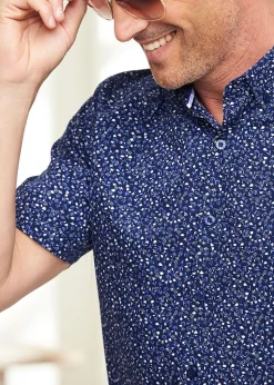 Cotton Traders Dark Blue Short Sleeve Supreme Easy-Care Print Shirt