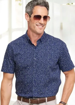 Cotton Traders Dark Blue Short Sleeve Supreme Easy-Care Print Shirt