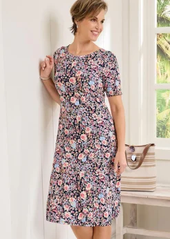 Cotton Traders Dark Blue Short Printed Jersey Dress