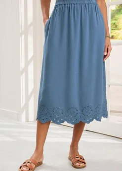 Cotton Traders Dark Blue Pull On Cut Work Midi Skirt