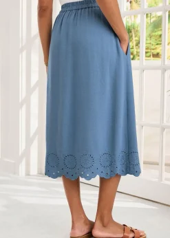 Cotton Traders Dark Blue Pull On Cut Work Midi Skirt