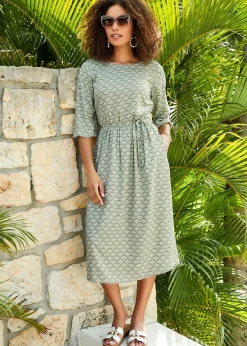 Cotton Traders Dusky Mint 3/4 Sleeve Print Dress
