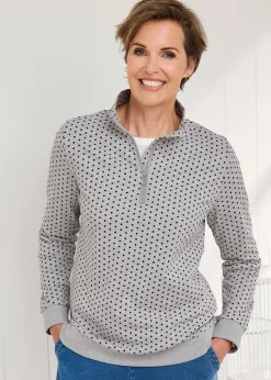 Cotton Traders Grey Marl Print Zip-Neck Sweatshirt