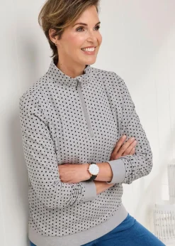 Cotton Traders Grey Marl Print Zip-Neck Sweatshirt