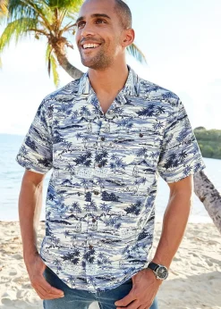 Cotton Traders Pale Blue Short Sleeve Summer Print Soft Touch Print Shirt