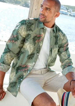 Cotton Traders Pale Olive Long Sleeve Cotton-Rich Printed Shirt