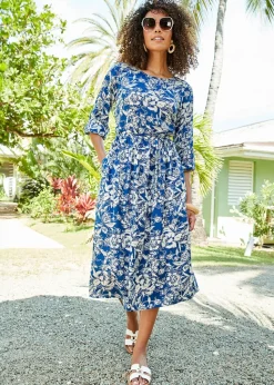 Cotton Traders Soft Blue 3/4 Sleeve Print Dress