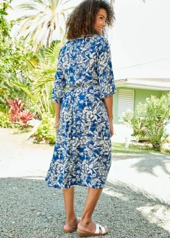 Cotton Traders Soft Blue 3/4 Sleeve Print Dress