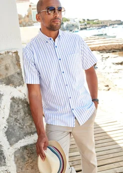 Cotton Traders Soft Blue Short Sleeve Patterned Oxford Shirt