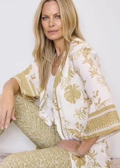 Cotton Traders Warm Cream Long Printed Kimono
