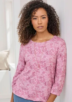 Cotton Traders Washed Pink Print Bubble Hem Top