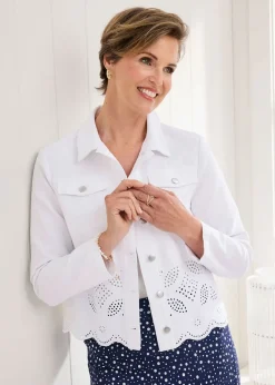 Cotton Traders White / Light Blue Cutwork Denim Jacket