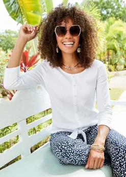 Cotton Traders White 3/4 Sleeve Tie Waist Textured Top