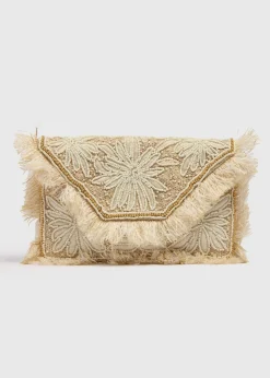 Cream Beaded Clutch Bag