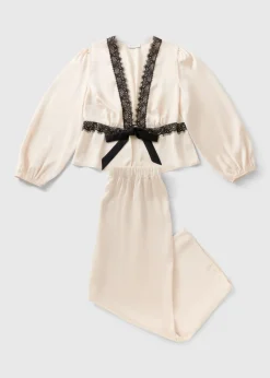 Cream Lace Detail Satin Pyjama Set