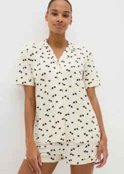 Cream Monochrome Heart Print Shorts Pyjama Set