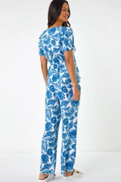 Dusk Blue Dusk Shell Print V Neck Tie Top