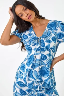 Dusk Blue Dusk Shell Print V Neck Tie Top