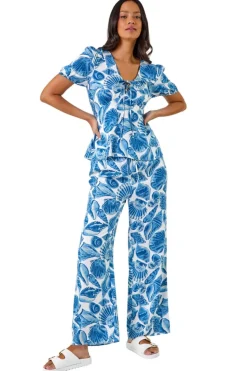 Dusk Blue Dusk Shell Print V Neck Tie Top