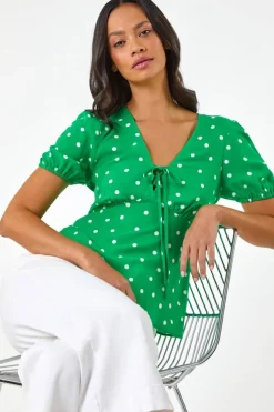 Dusk Green Dusk Spot Print Tie Front Top