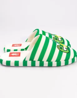Elf Green Striped With Logo Placement Print Mule Slippers