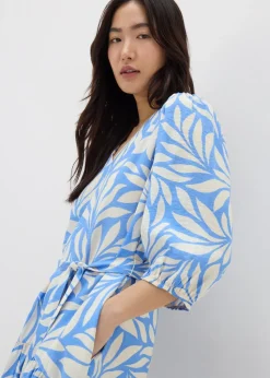 Et Vous Blue Palm Tie Waist Midaxi Dress