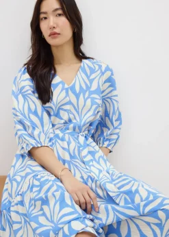 Et Vous Blue Palm Tie Waist Midaxi Dress