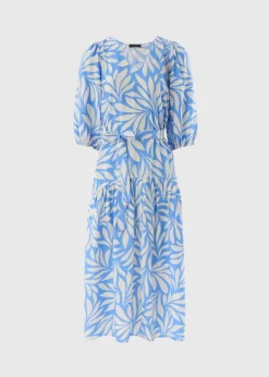 Et Vous Blue Palm Tie Waist Midaxi Dress