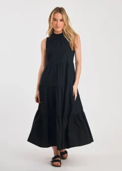 French Connection Black Cotton Blend Sleeveless Poplin Tiered Midi Dress