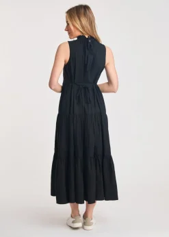 French Connection Black Cotton Blend Sleeveless Poplin Tiered Midi Dress