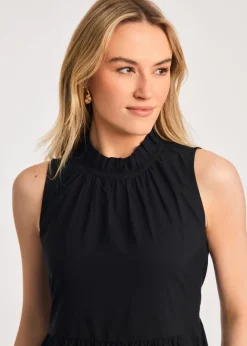French Connection Black Cotton Blend Sleeveless Poplin Tiered Midi Dress