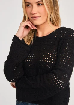 French Connection Black Crew Neck Long Sleeve Crochet Bobble Knit Jumper