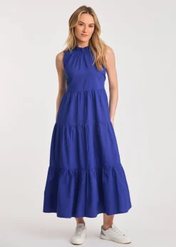 French Connection Blue Cotton Blend Sleeveless Poplin Tiered Midi Dress