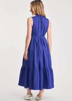 French Connection Blue Cotton Blend Sleeveless Poplin Tiered Midi Dress
