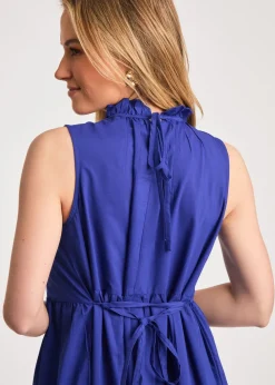 French Connection Blue Cotton Blend Sleeveless Poplin Tiered Midi Dress