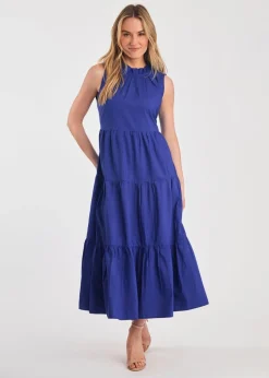 French Connection Blue Cotton Blend Sleeveless Poplin Tiered Midi Dress