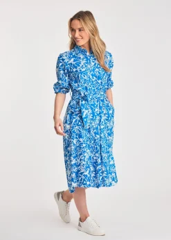 French Connection Blue Floral Print Short Sleeve Midi Shirt Dress