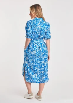 French Connection Blue Floral Print Short Sleeve Midi Shirt Dress