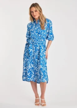 French Connection Blue Floral Print Short Sleeve Midi Shirt Dress