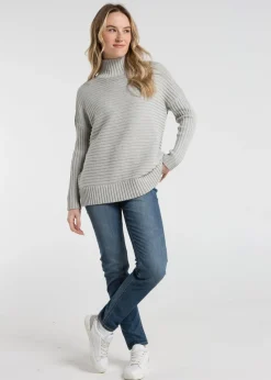 French Connection Light Grey Cotton Ribbed Knit High Neck Jumper