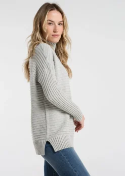 French Connection Light Grey Cotton Ribbed Knit High Neck Jumper