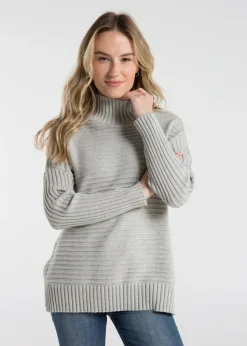 French Connection Light Grey Cotton Ribbed Knit High Neck Jumper