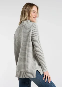 French Connection Light Grey Cotton Ribbed Knit High Neck Jumper